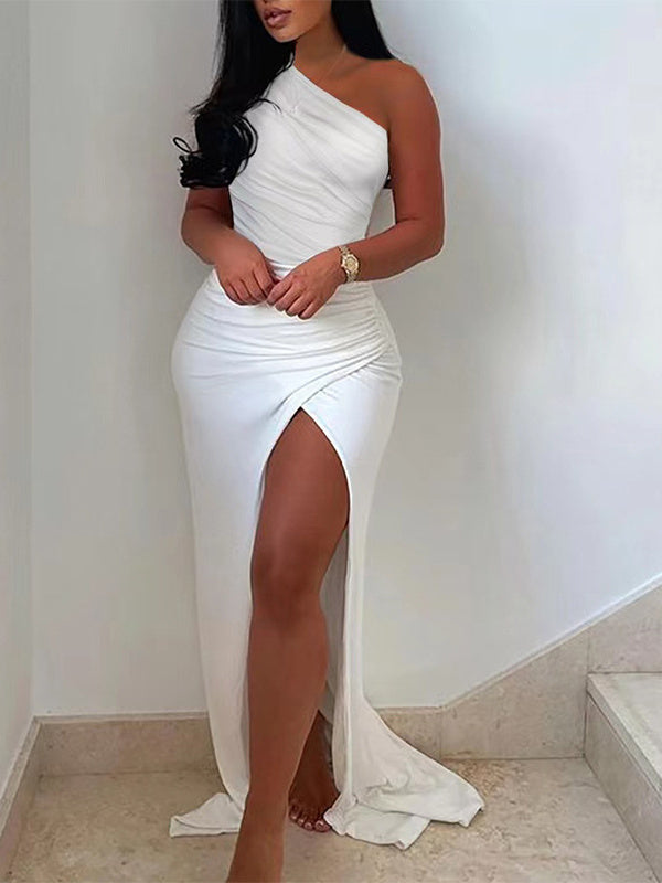 Solid Color High Slit Waist  Dress