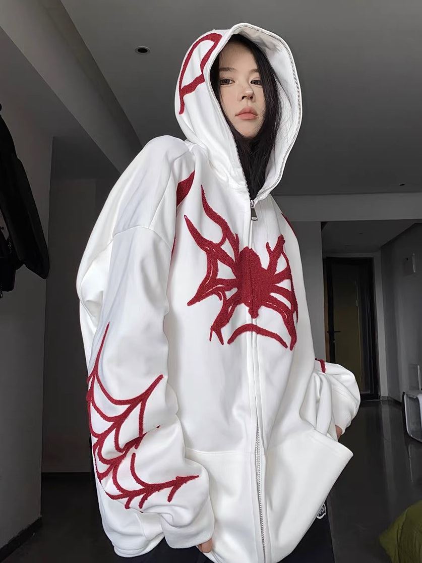 Kapuzenpullover mit Reißverschluss und Punk-Spinnen-Stickerei