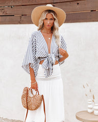 Chi Cotton Blend Striped Tie Top - Ink - FINAL SALE