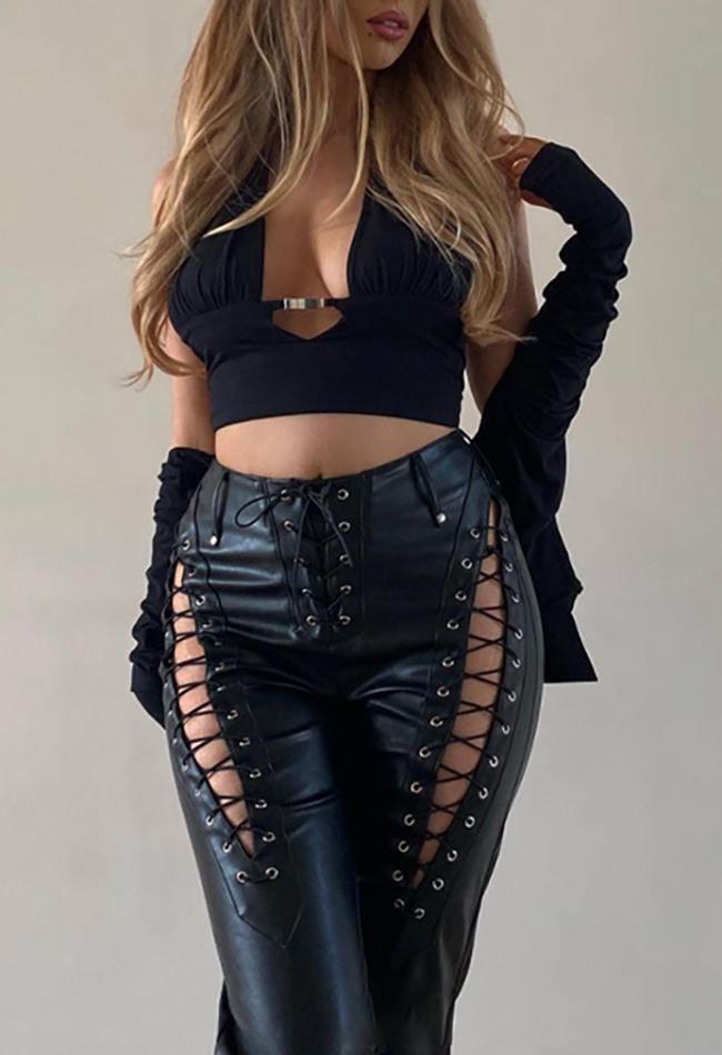 Cut-out Lace Up Pu Pants