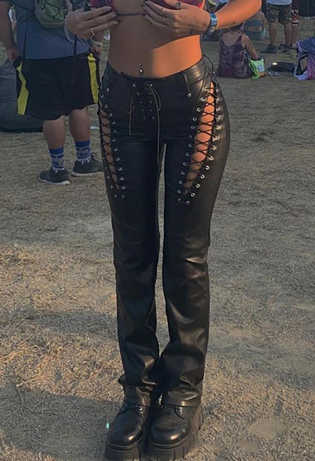 Cut-out Lace Up Pu Pants