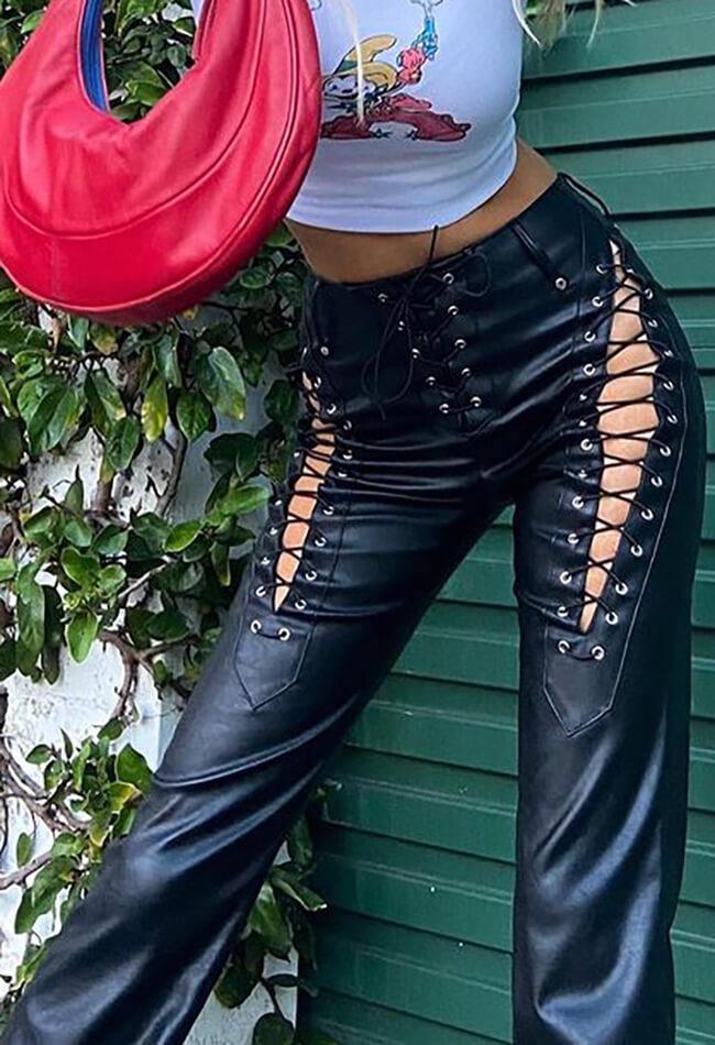 Cut-out Lace Up Pu Pants