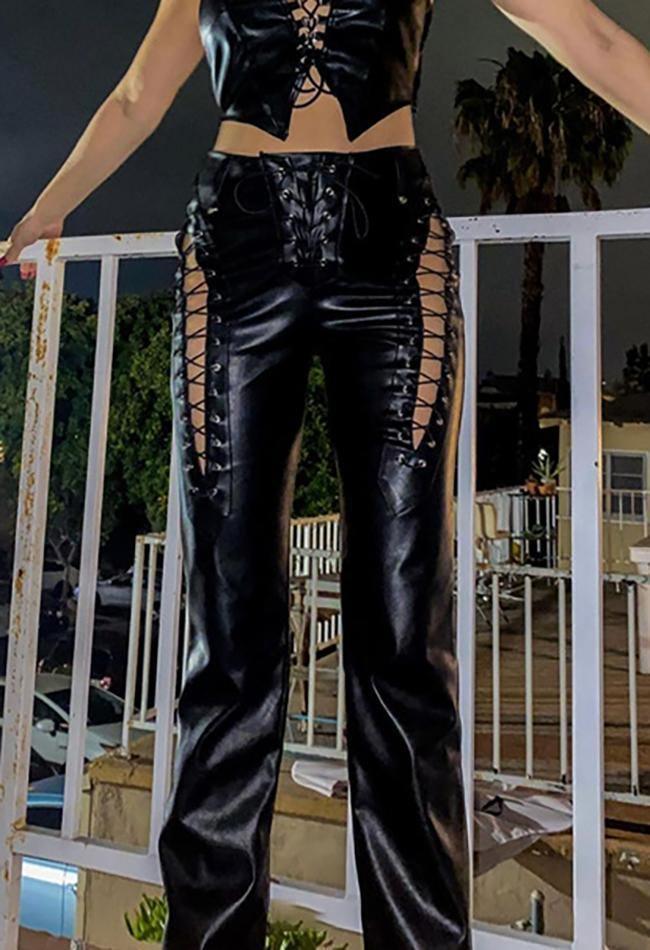 Cut-out Lace Up Pu Pants