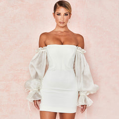 Süßes Off Shoulder Puffärmel Bodycon Party Minikleid - Weiß