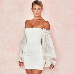 Süßes Off Shoulder Puffärmel Bodycon Party Minikleid - Weiß