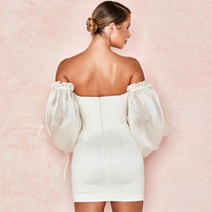 Süßes Off Shoulder Puffärmel Bodycon Party Minikleid - Weiß