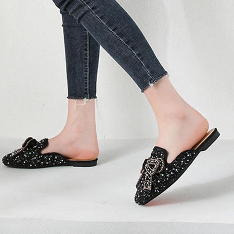 Square toe beaded bowknot flat slippers