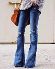 Vintage Schlagjeans mit hoher Taille und Used-Look im Kniebereich