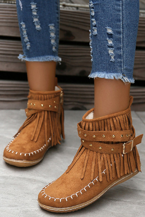 Casual Warm Solid Color Side Zipper Low-Cut Tassel Flat Ankle Boots NewGew