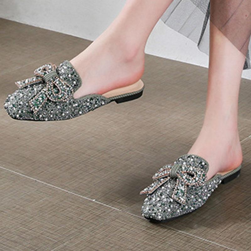 Square toe beaded bowknot flat slippers