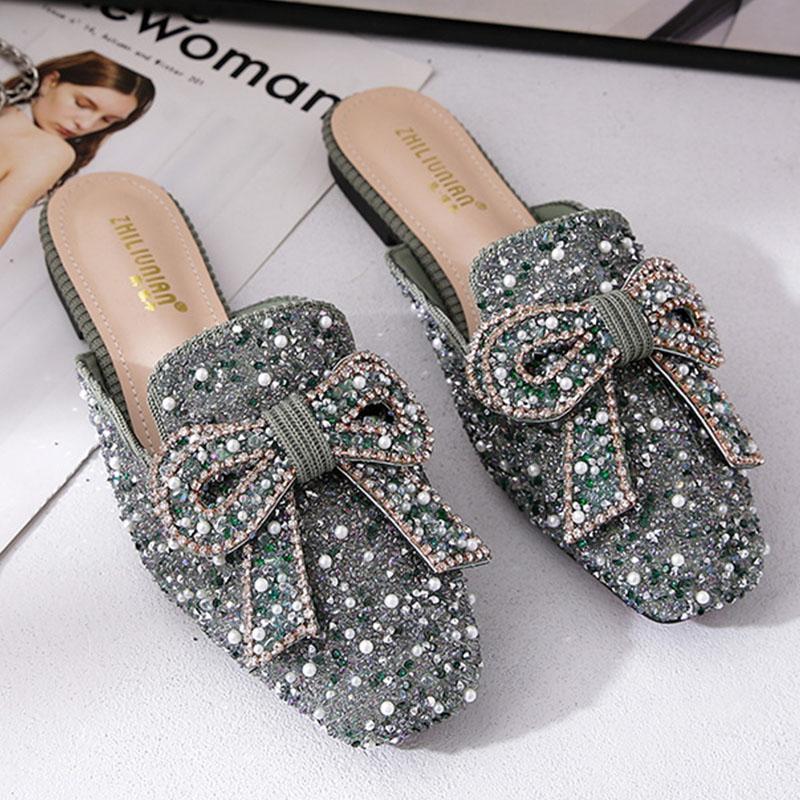 Square toe beaded bowknot flat slippers