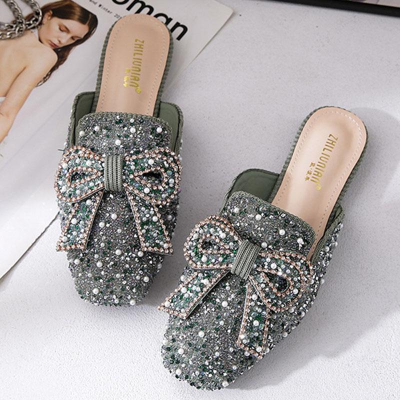 Square toe beaded bowknot flat slippers