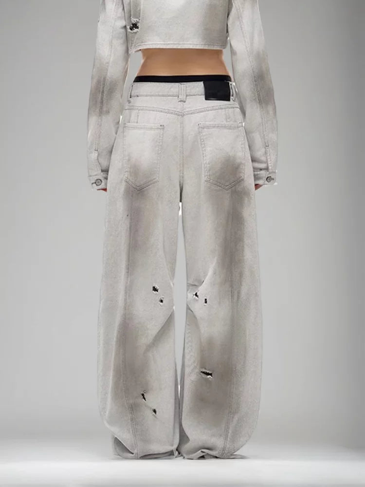 Perforated Straight Tube Loose Vintage Pants