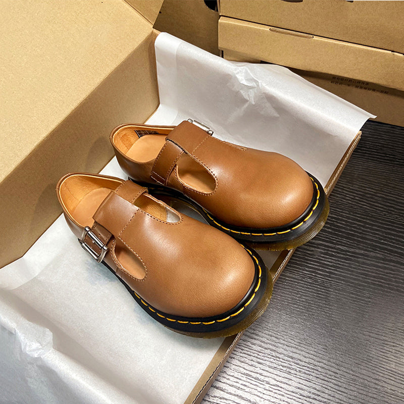 Handmade Retro Waxing Flat Mary Jane Shoes Round Toe  Black/Brown/Black1/White