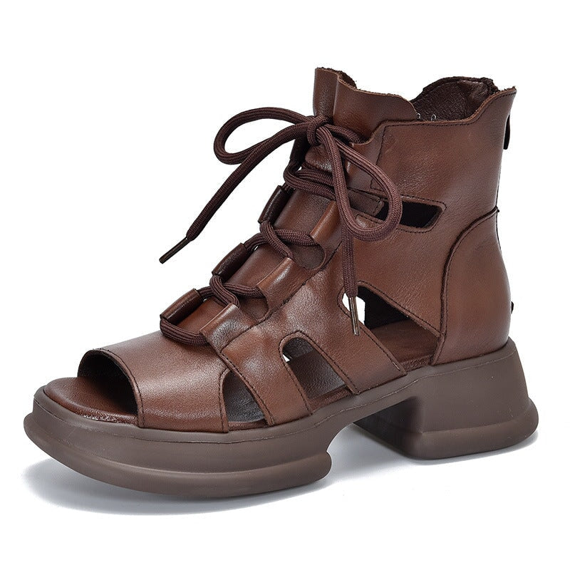 Echte Plateausandalen mit Schnürung, Retro-Peep-Toe-Gladiator-Sandalen