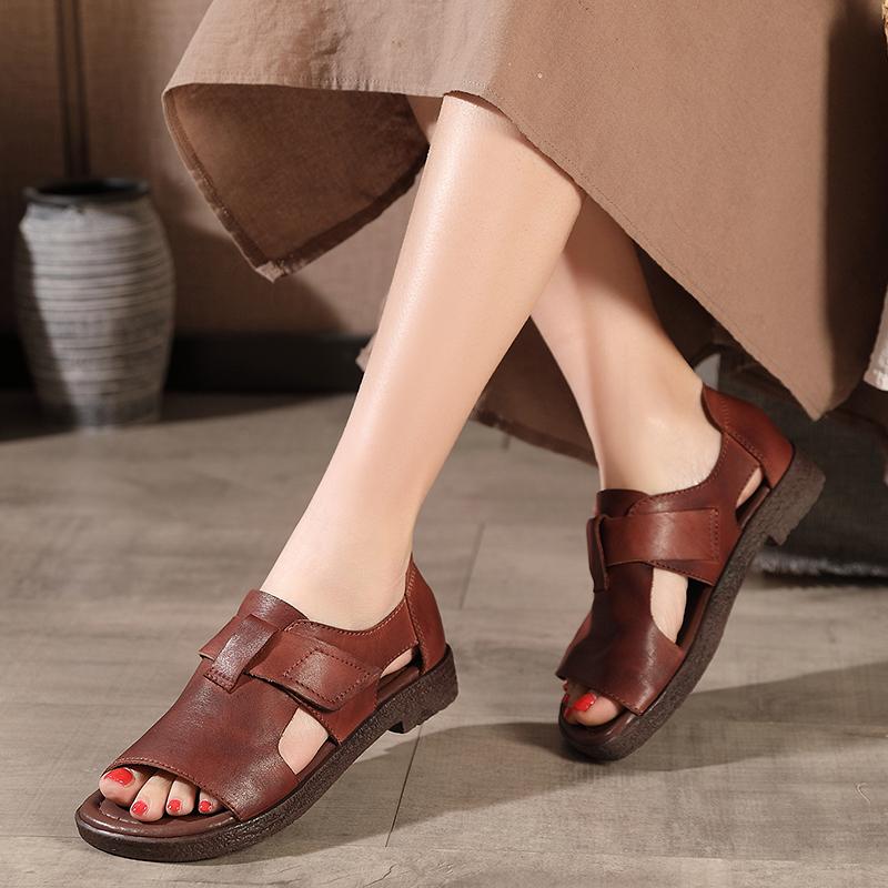 Designer Sommerschuhe Echte Gladiator Sandalen Weicher Strick Retro Klobige Klettschuhe KaffeeNeu/Braun