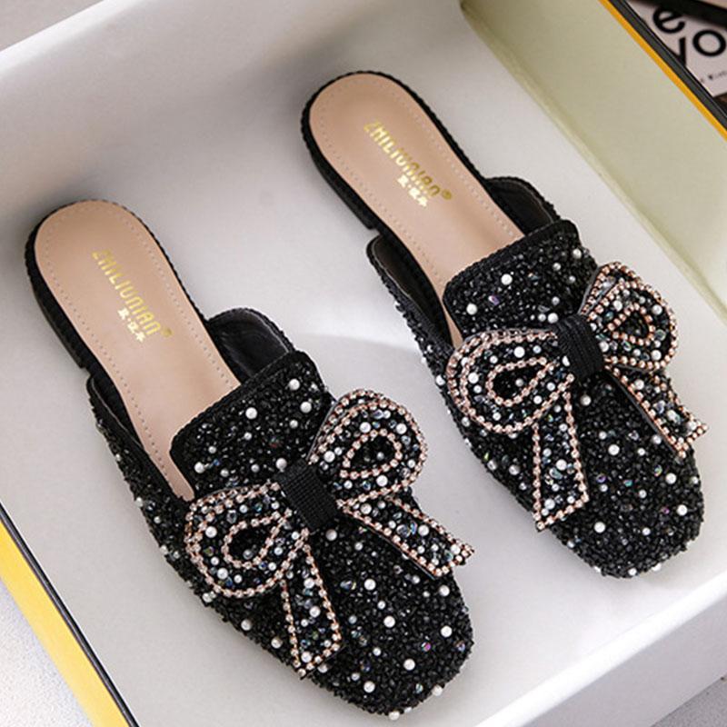 Square toe beaded bowknot flat slippers