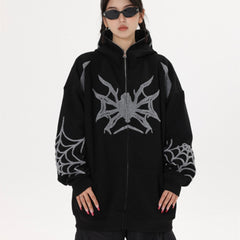 Kapuzenpullover mit Reißverschluss und Punk-Spinnen-Stickerei