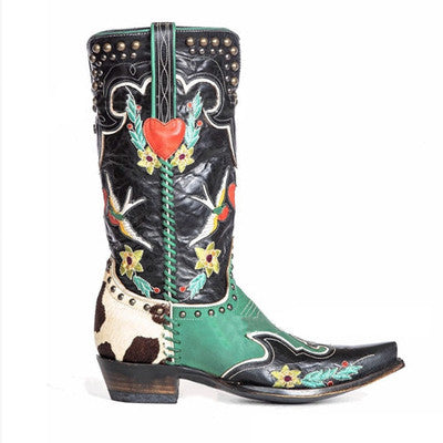 Retro Embroidered Rivet Color Block  Female Boots