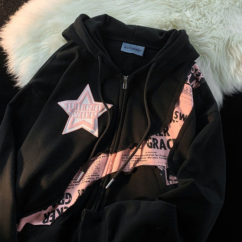 Übergroßer Hoodie mit Patchwork und Stern-Buchstaben-Print