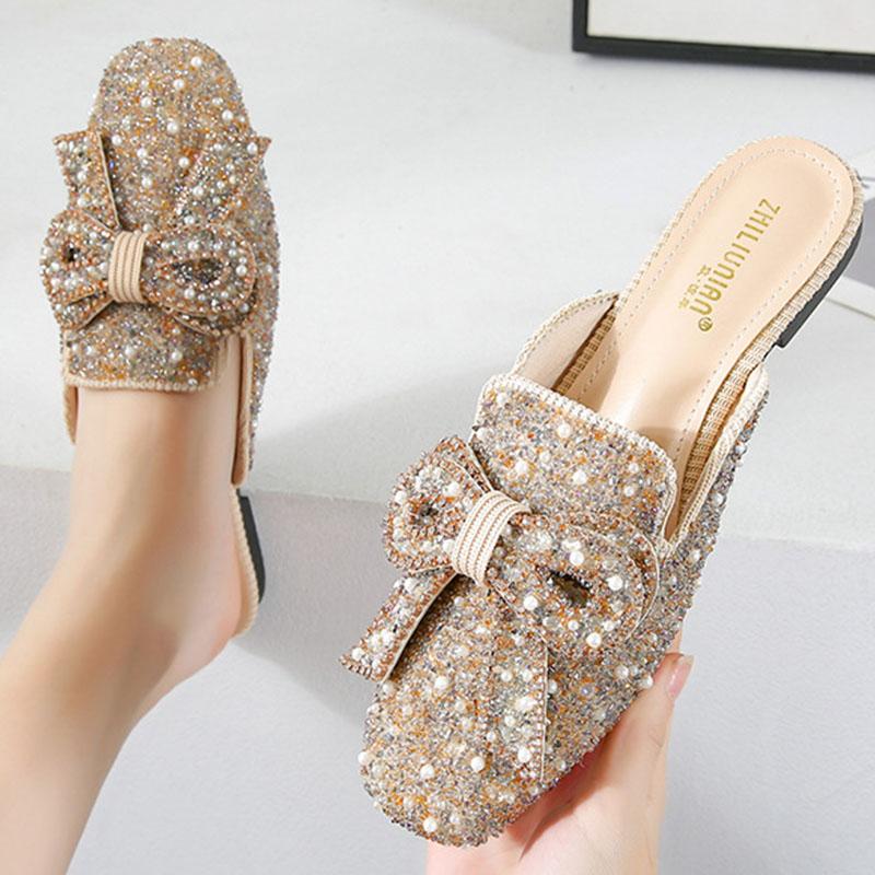 Square toe beaded bowknot flat slippers