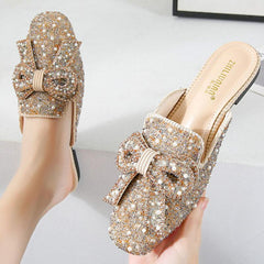 Square toe beaded bowknot flat slippers