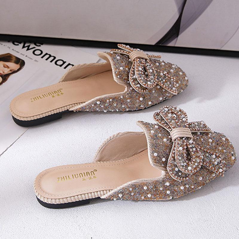 Square toe beaded bowknot flat slippers
