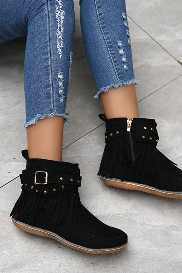 Casual Warm Solid Color Side Zipper Low-Cut Tassel Flat Ankle Boots NewGew