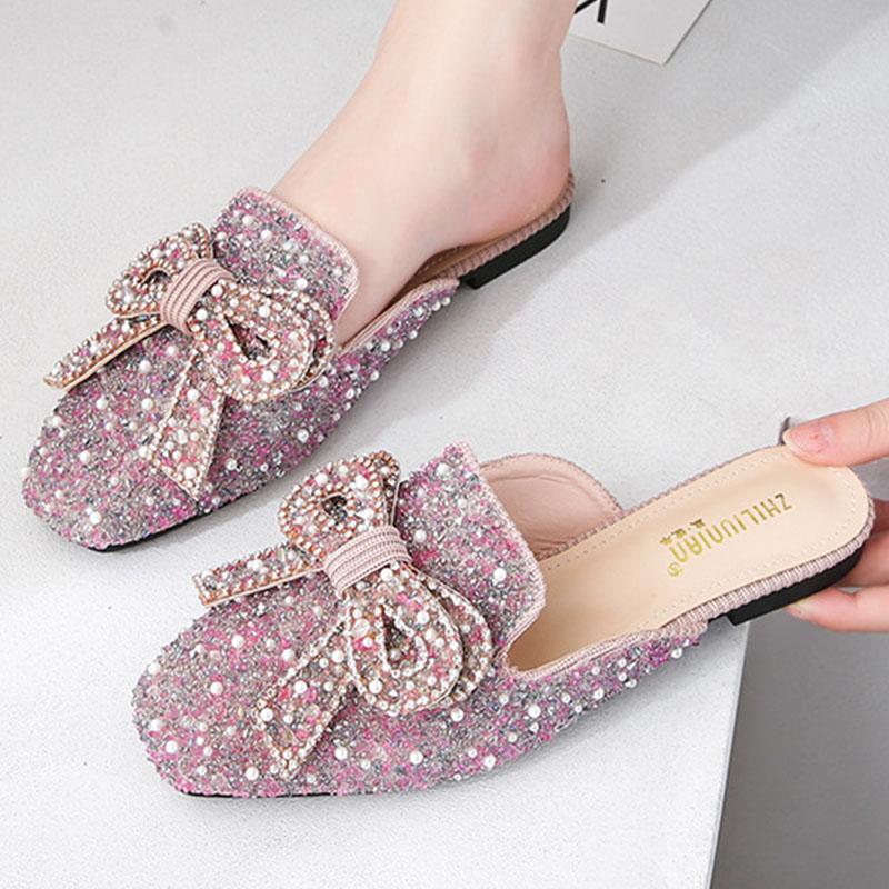 Square toe beaded bowknot flat slippers