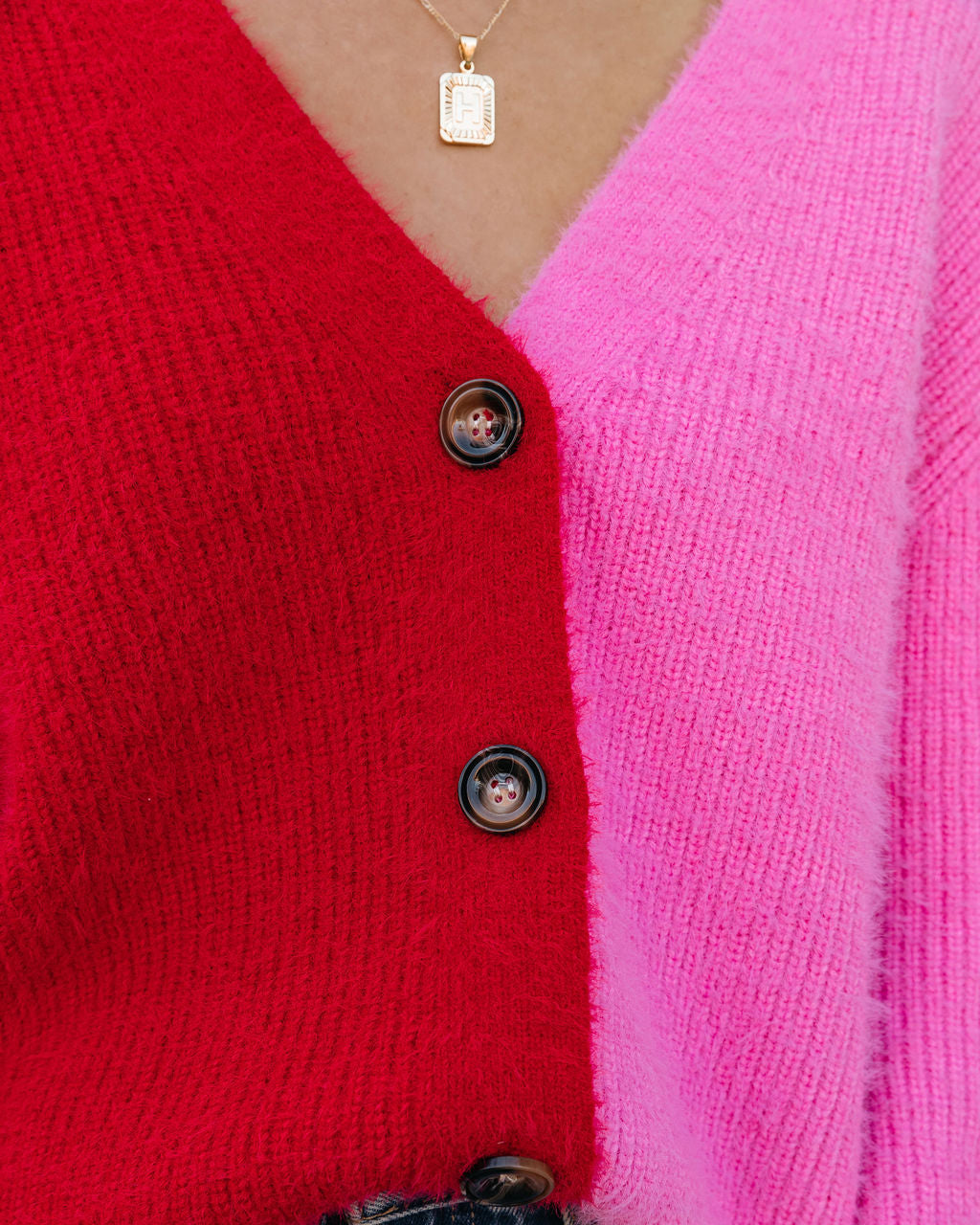 Frostine Button Front Colorblock Cardigan - Pink Red Ins Street
