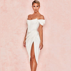 Schulterfreies, drapiertes Korsett-Cocktail-Midikleid - Weiß