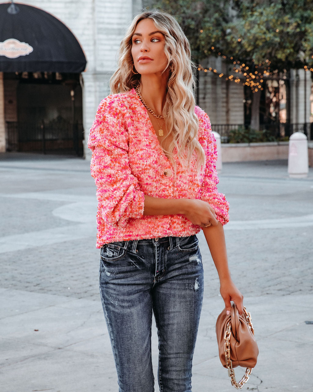 Good Mood Button Front Crop Knit Cardigan - Pink Multi