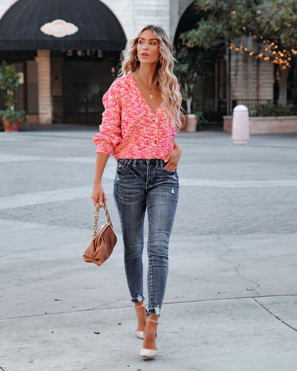 Good Mood Button Front Crop Knit Cardigan - Pink Multi