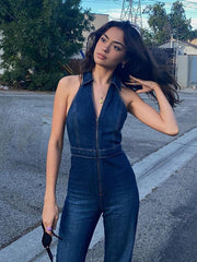 Halter Neck Denim Jumpsuit