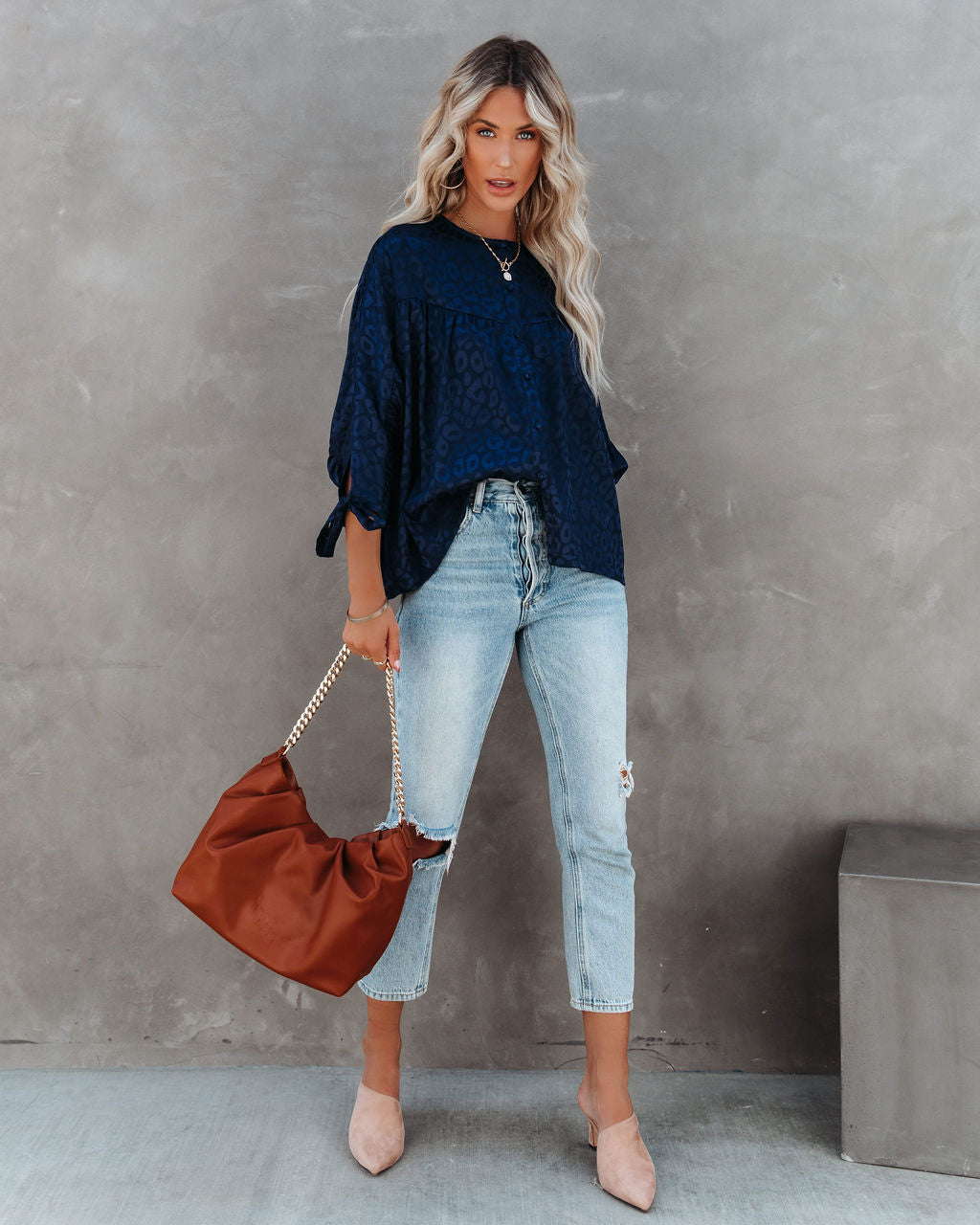 Hint Satin Leopard Embossed Dolman Blouse - Navy - FINAL SALE