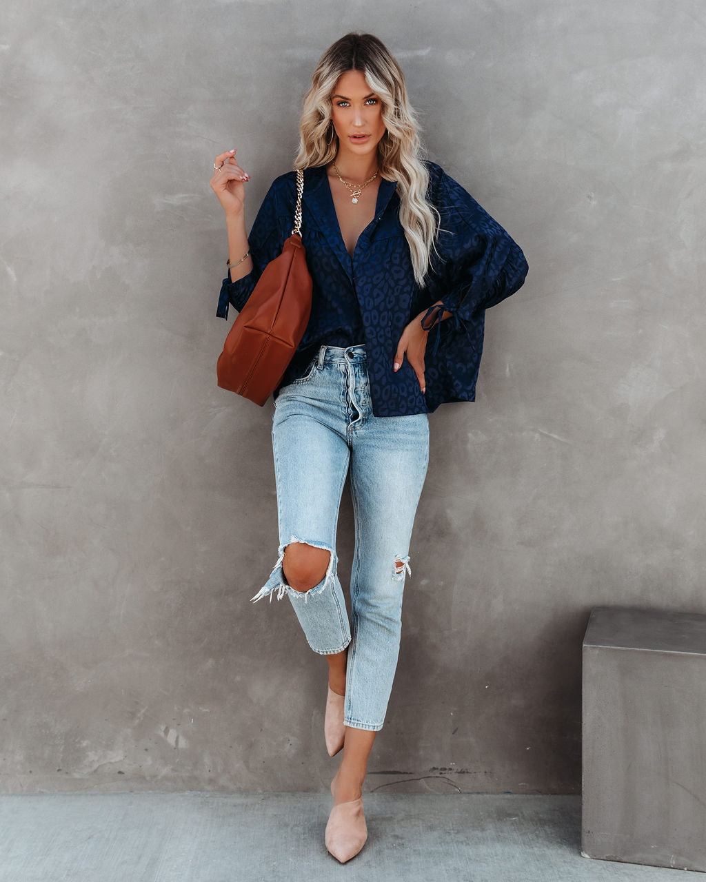 Hint Satin Leopard Embossed Dolman Blouse - Navy - FINAL SALE
