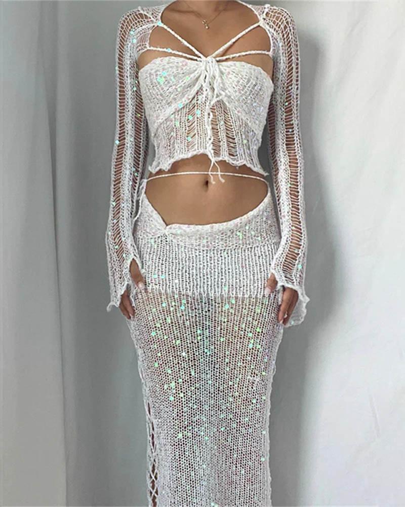 Schillerndes, langes Häkelrock-Set