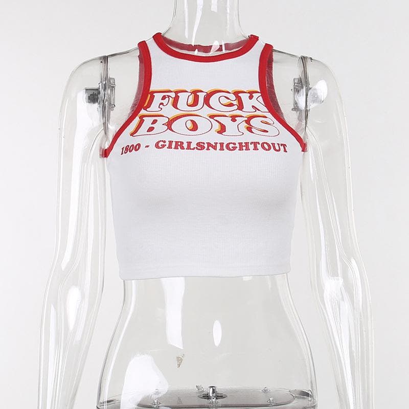 Contrast "FXXK BOYS" pattern ribbed sleeveless crop top