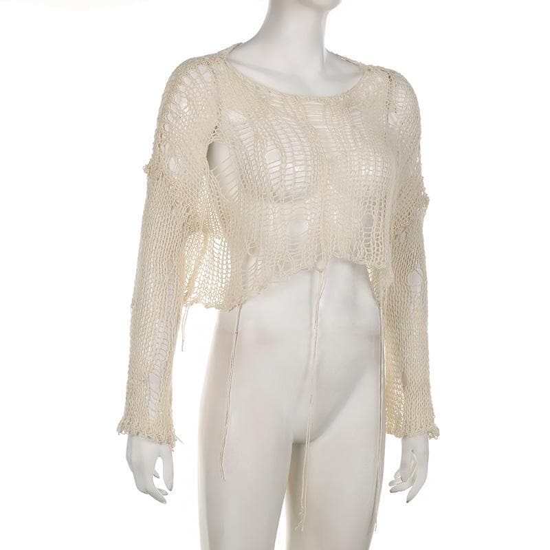Gehäkeltes, langärmliges, einfarbiges Crop-Top mit Rundhalsausschnitt und Aussparung 