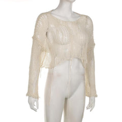 Gehäkeltes, langärmliges, einfarbiges Crop-Top mit Rundhalsausschnitt und Aussparung 