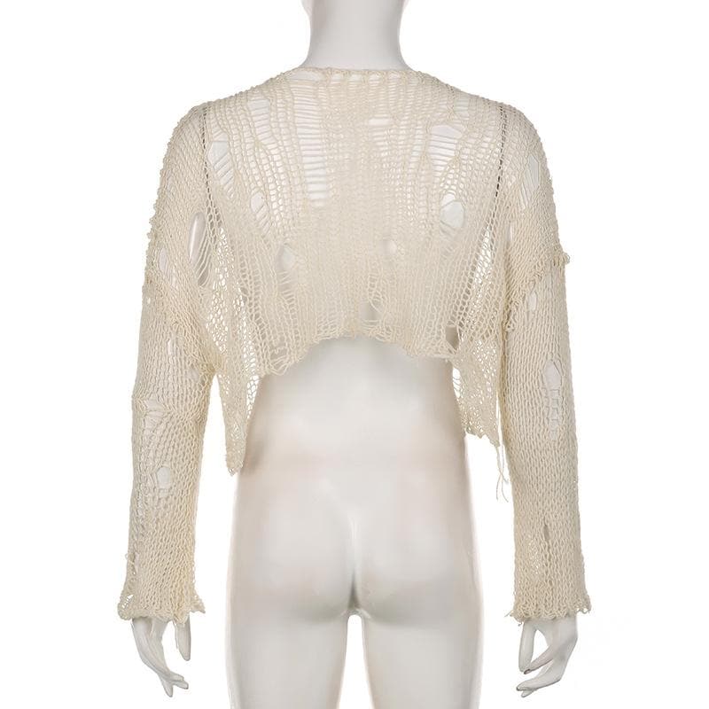 Gehäkeltes, langärmliges, einfarbiges Crop-Top mit Rundhalsausschnitt und Aussparung 