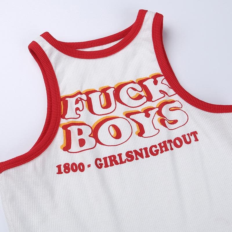 Contrast "FXXK BOYS" pattern ribbed sleeveless crop top