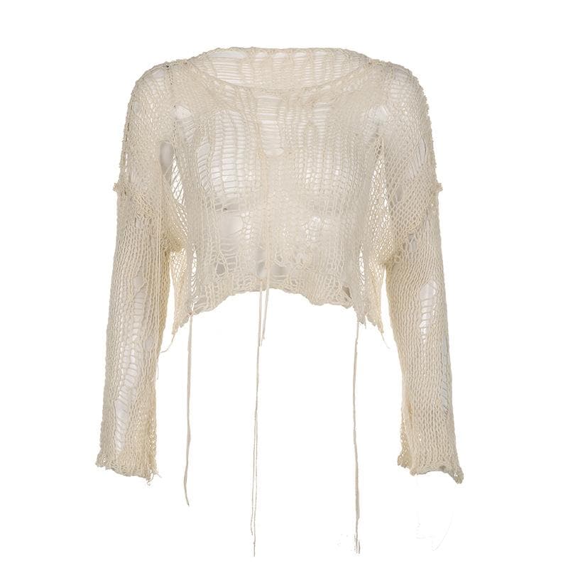 Gehäkeltes, langärmliges, einfarbiges Crop-Top mit Rundhalsausschnitt und Aussparung 