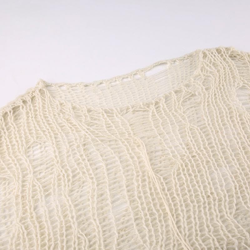 Gehäkeltes, langärmliges, einfarbiges Crop-Top mit Rundhalsausschnitt und Aussparung 