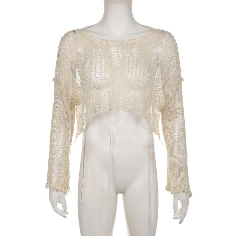 Gehäkeltes, langärmliges, einfarbiges Crop-Top mit Rundhalsausschnitt und Aussparung 