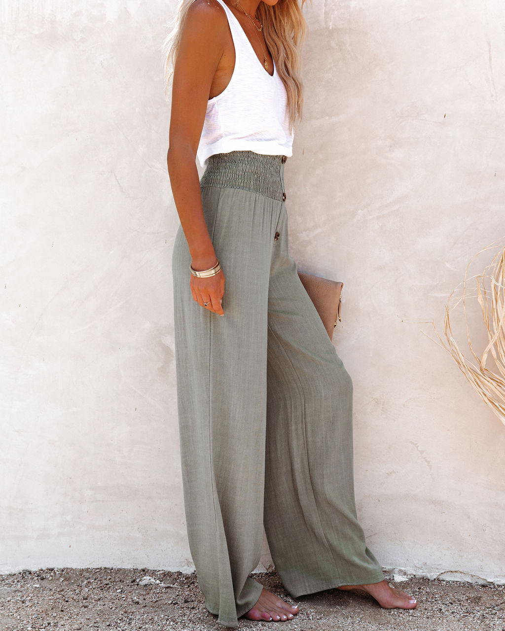 PREORDER - Kaylen Linen Blend High Rise Smocked Pants - Olive