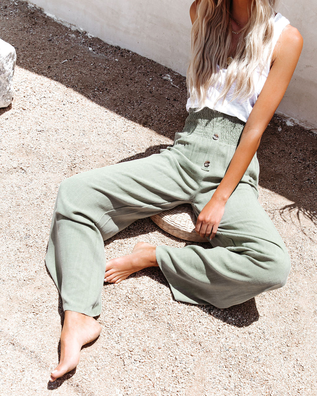 PREORDER - Kaylen Linen Blend High Rise Smocked Pants - Olive
