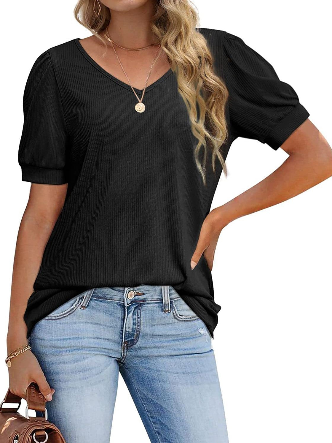 T-Shirt mit V-Ausschnitt, locker, kurzärmlig, hochelastisch, lässig, mit Puffärmeln 