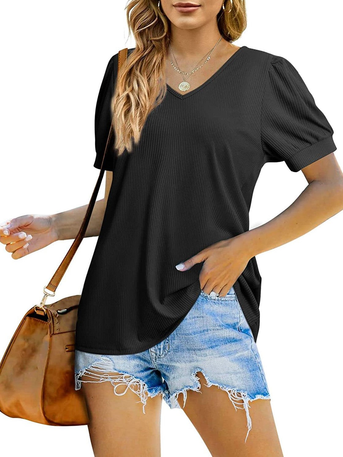 T-Shirt mit V-Ausschnitt, locker, kurzärmlig, hochelastisch, lässig, mit Puffärmeln 