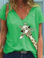 Kurzärmliges T-Shirt mit V-Ausschnitt und Animalprint 